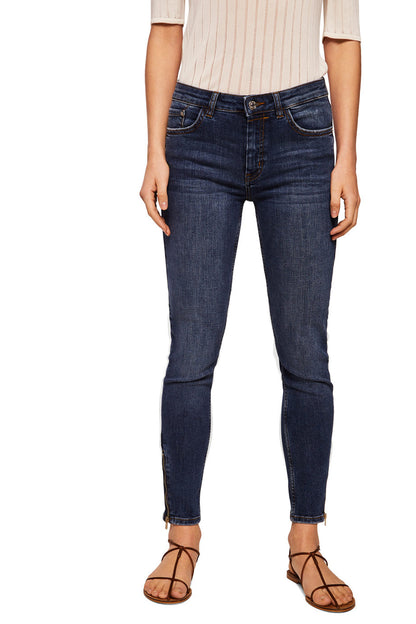 Dark blue denim jeans with cuffed ankles and belt loops, zip fly.