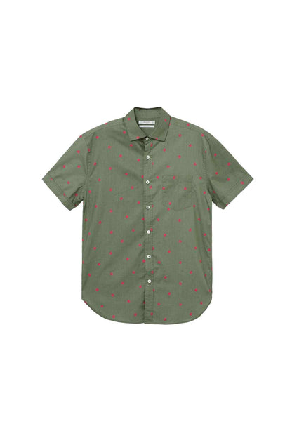 Khaki button-up shirt with red pattern, short sleeves