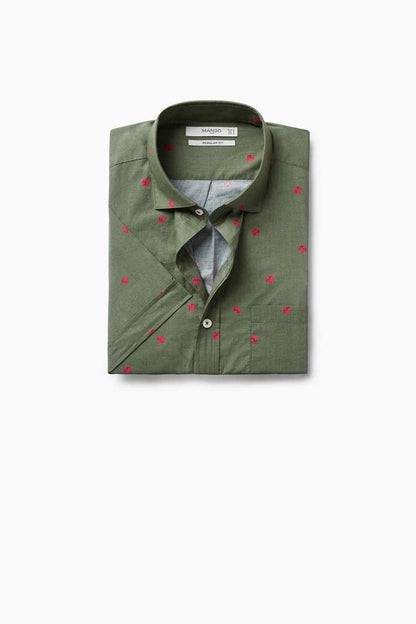 Khaki button-up shirt with red pattern, long sleeves