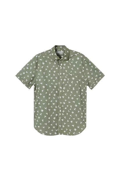 MANGO khaki button-up shirt, short sleeves, all-over bird print