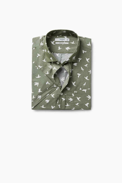 MANGO khaki button-up shirt, all-over bird print, long sleeves