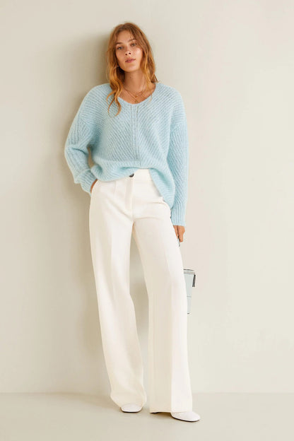 MANGO light blue fuzzy knit sweater with crew neck and long sleeves