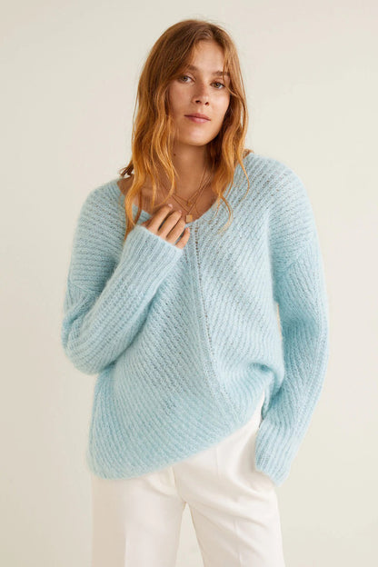 MANGO light blue fuzzy knit crewneck sweater, long sleeves