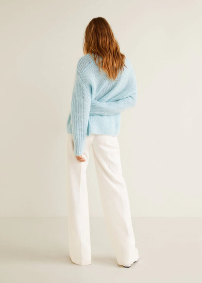 MANGO light blue fuzzy knit crewneck sweater, open back view