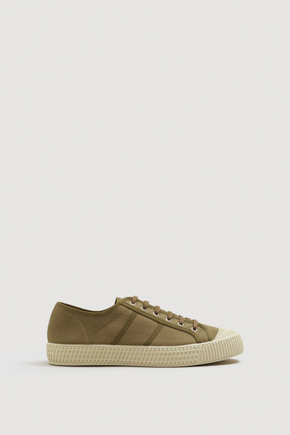 Khaki canvas low-top lace-up sneakers with rubber textured sole