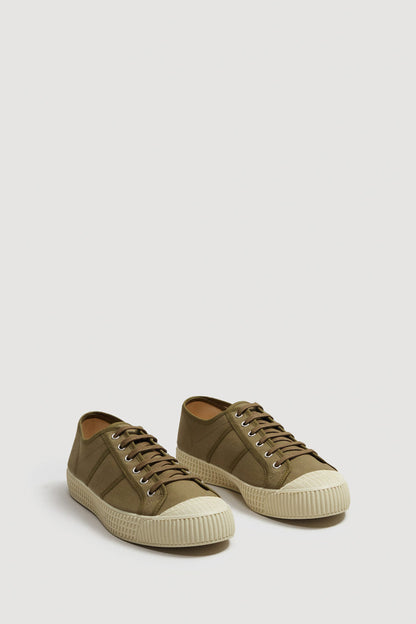 Khaki canvas low-top lace-up sneakers, side view, textured rubber sole