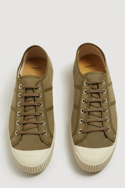 Khaki canvas low-top lace-up sneakers with MANGO logo on tongue