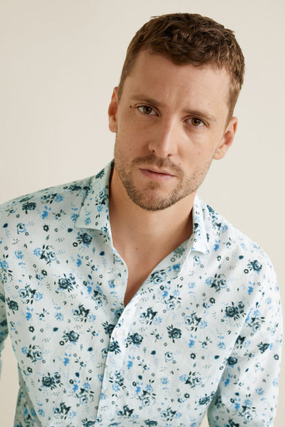 Men's light blue floral button-up shirt, open collar, long sleeves