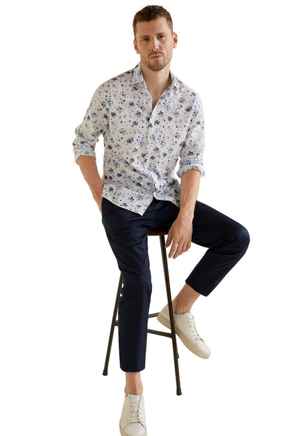 Men's light blue floral button-up shirt with button front, long sleeves