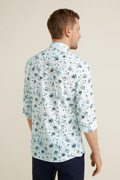 Men's light blue floral button-up shirt, back view, long sleeves