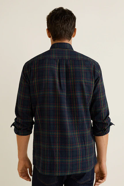 Men's dark navy plaid button-up shirt, back view with long sleeves