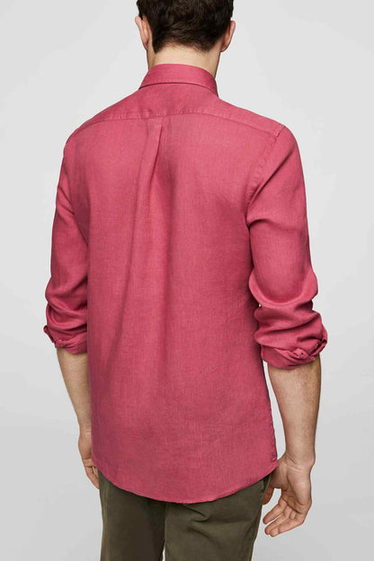 Men's red button-up shirt with long sleeves, back view and button placket