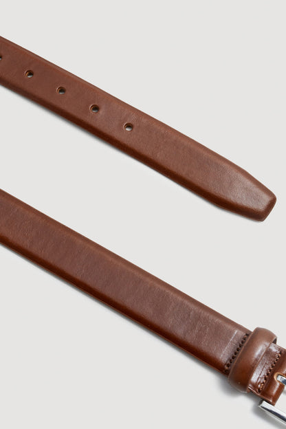 Brown leather belt strap with stitched edges and punched adjustment holes