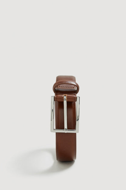 Brown leather belt with square silver buckle, single keeper