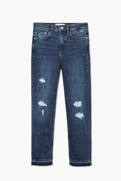 Dark blue distressed straight-leg jeans, button waist and belt loops