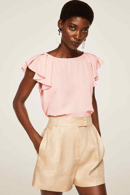 Pink ruffle-sleeve blouse with round neckline and soft draped fit