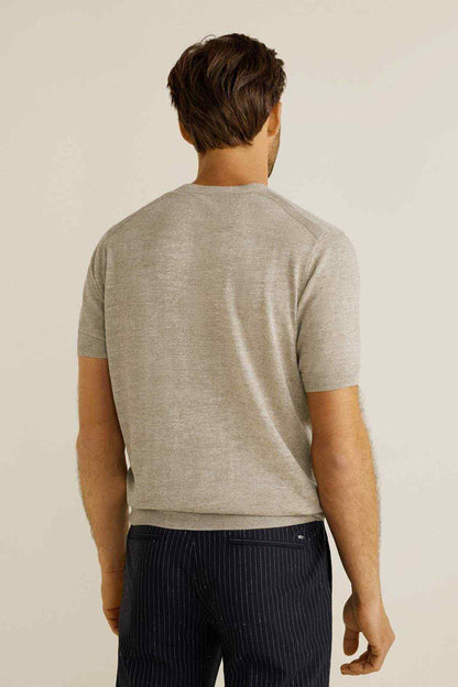 Men's heather medium brown crewneck T-shirt, short sleeves, back view