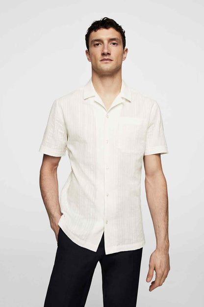 Men's off-white short-sleeve button-up shirt with point collar and chest pocket