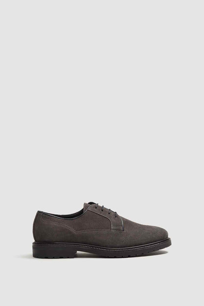 Grey suede lace-up oxford shoes with black rubber sole