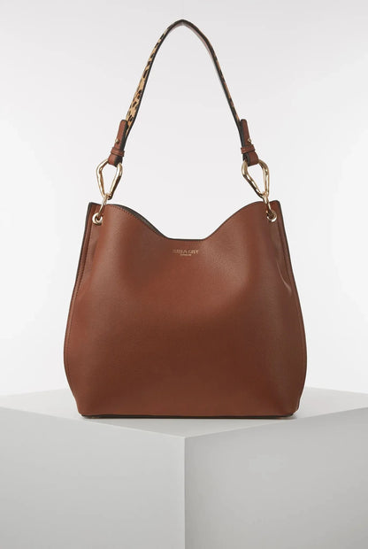 Brown leather hobo shoulder bag with top handles and gold hardware