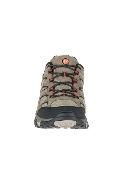 Merrell lace-up hiking shoes, gray-brown upper with red accents and cushioned tongue.