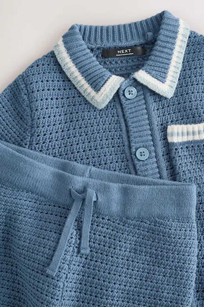 Kids blue knit shorts set detail: striped drawstring waistband and knit texture