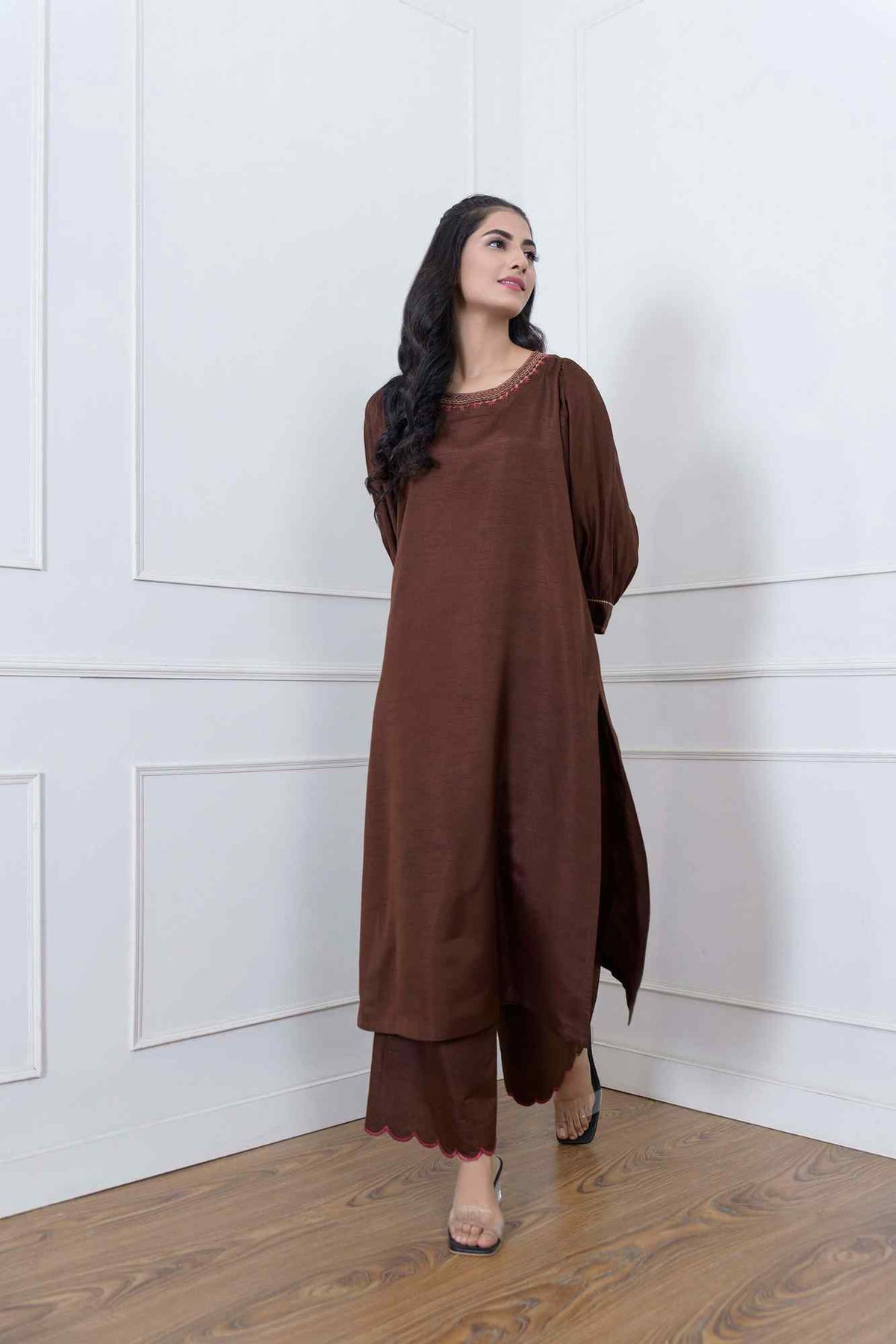 Velour brown long tunic dress with embroidered neckline and scalloped trim at hem