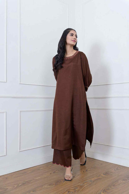 Velour brown long tunic dress with embroidered neckline and scalloped trim at hem