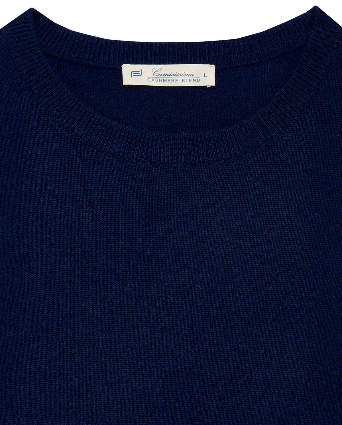 Navy blue knit crewneck sweater collar close-up with brand label