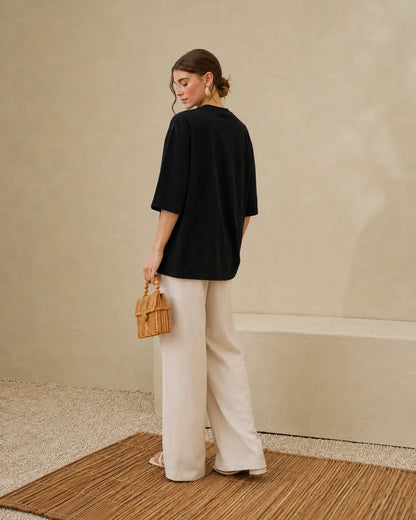 Black crew-neck short-sleeve t-shirt, back view, relaxed loose silhouette