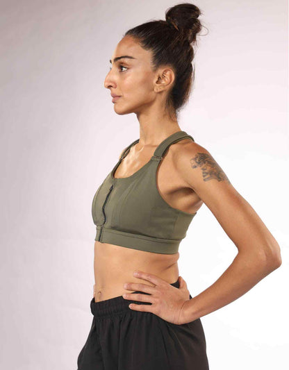 Olive green sports bra with front zipper and racerback straps