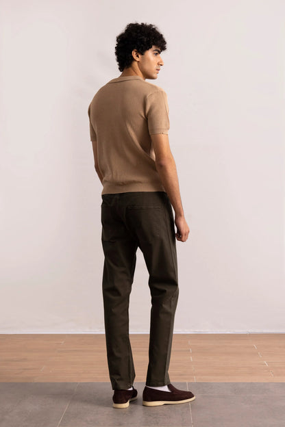 Brown knit polo shirt back view with short sleeves