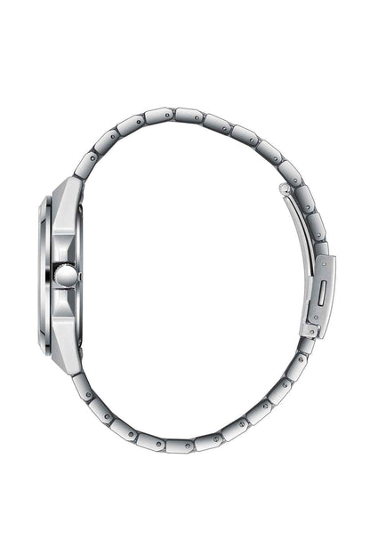 Men's wristwatch side profile, silver metal link bracelet and case edge