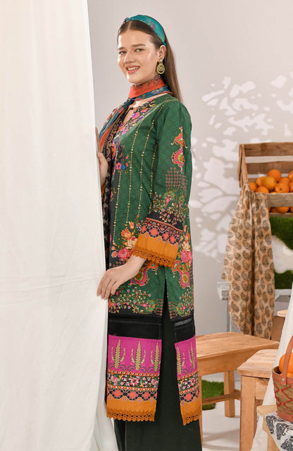 Front view of green embroidered tunic set with multicolor dupatta and black trousers