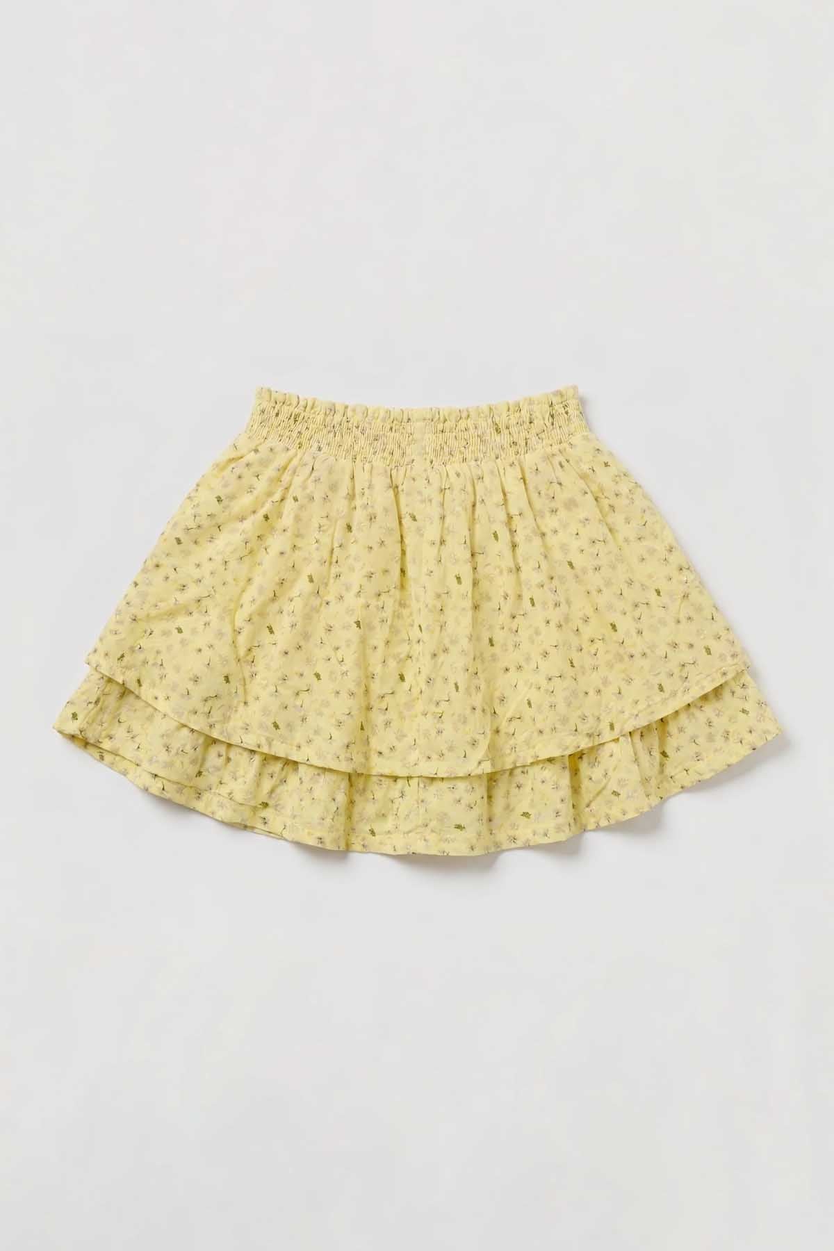 Yellow baby skirt with micro-pattern, tiered ruffle hem and elastic waist