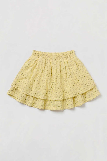 Yellow baby skirt with micro-pattern, tiered ruffle hem and elastic waist