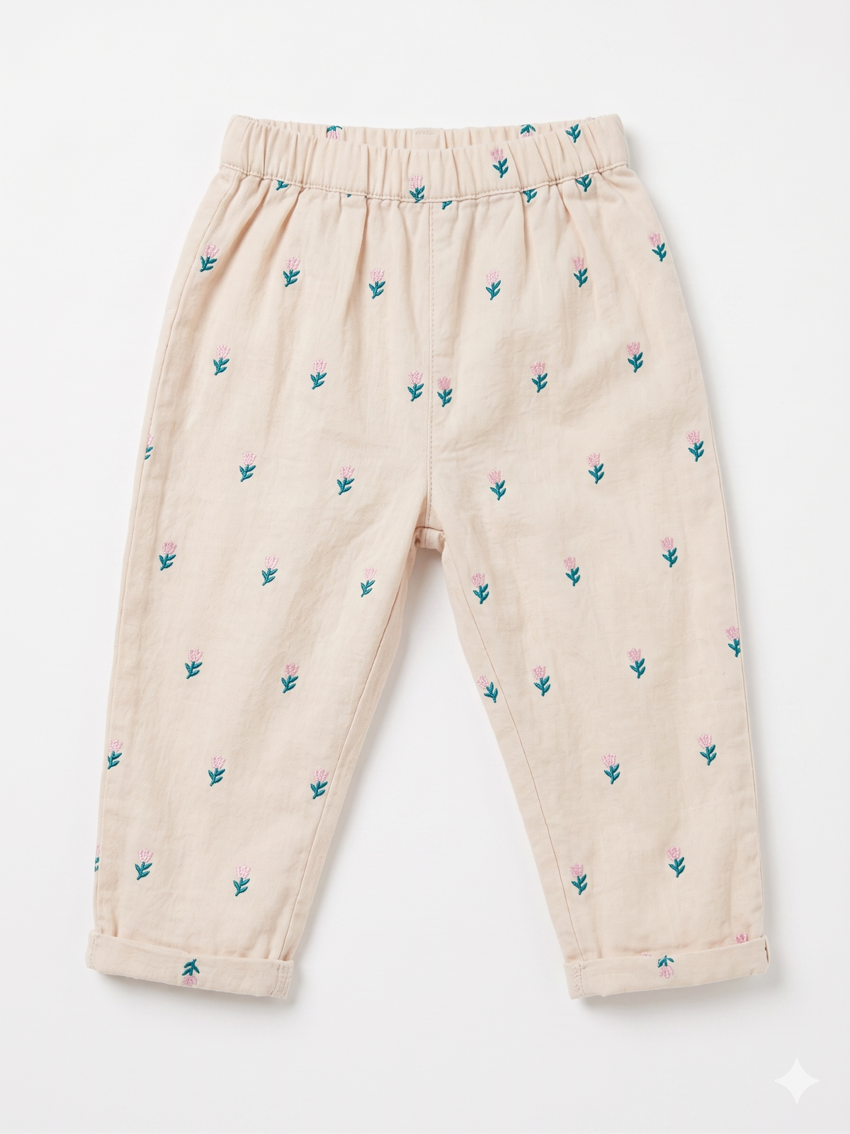 Cream kids' pants with small teal cactus print, elastic waist, cuffed hems