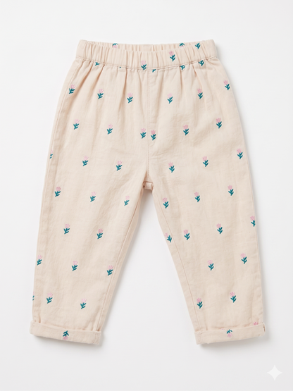 Cream kids' pants with small teal cactus print, elastic waist, cuffed hems