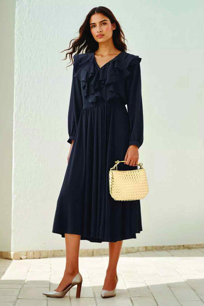 Splash black ruffle-front midi dress with long sleeves and tie V-neck