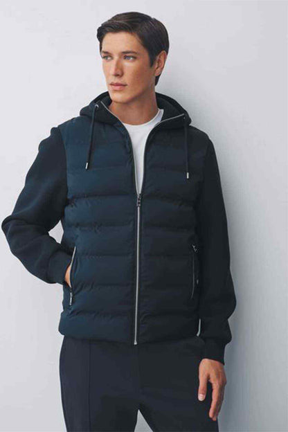 Navy hooded quilted puffer jacket with full-zip front and drawcord ties