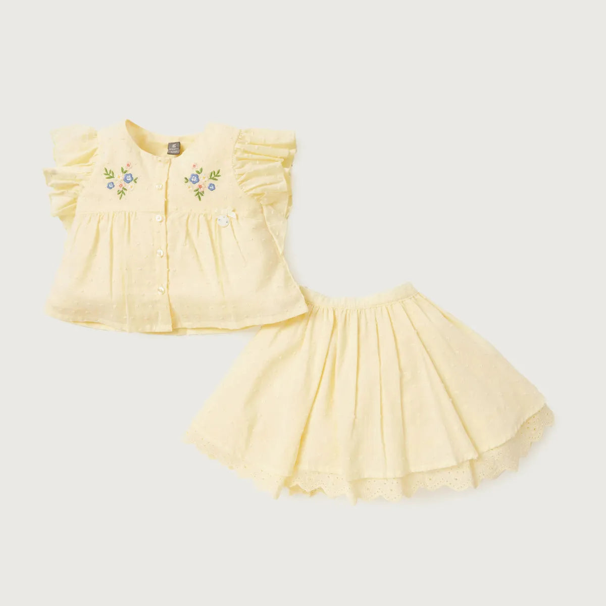 Yellow baby dress set: ruffled sleeveless top with floral embroidery and tiered skirt
