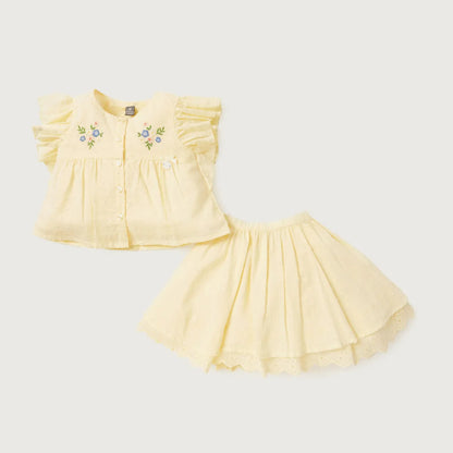Yellow baby dress set: ruffled sleeveless top with floral embroidery and tiered skirt