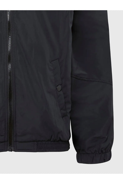 Black jacket side view with buttoned flap pocket and elastic cuff