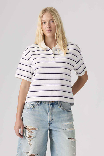 Levi's striped polo shirt in white with navy horizontal stripes, short sleeves