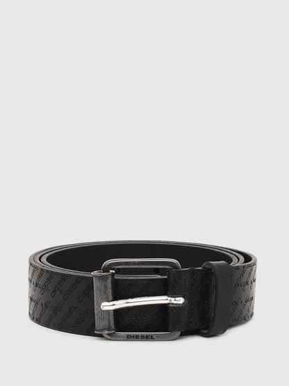 Diesel black leather belt with silver buckle and embossed logo pattern