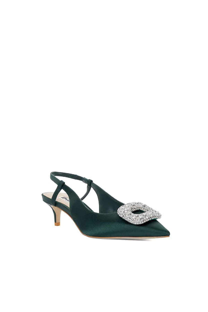 Dune London green slingback heels with crystal buckle detail, pointed toe