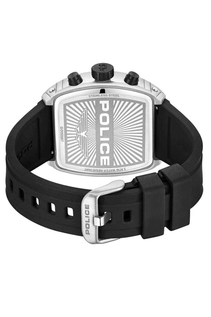 Police watch with black rubber strap, square backplate with POLICE lettering.