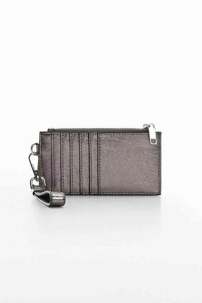 Dark silver metallic crossbody mini bag with top zipper and wrist strap, textured panel