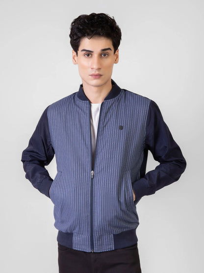 Men's blue striped bomber jacket, zip-front stand collar, chest logo, side pockets