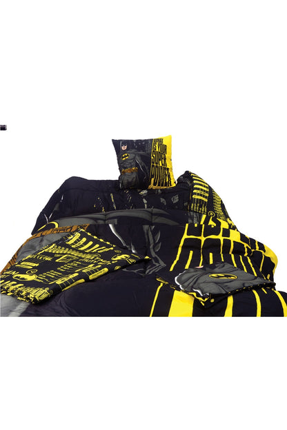 Disney Batman quilted comforter, black with yellow graphic panels and matching pillowcases